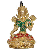 Brass Tara Devi idol, detailed seated pose with green dress, red skirt, gold finish