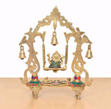 Back view brass Ganesha swing idol, multicolor accents, brass bells on hanging chains