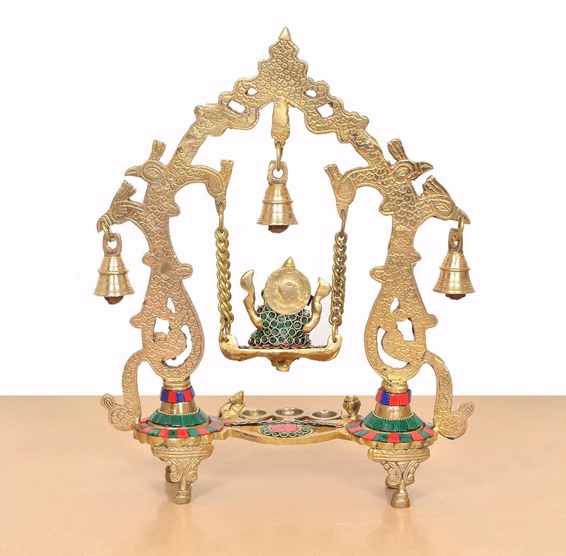 Brass Ganesha Playing On Swing Idol (Height 14 Inch) (Multicolor 1)