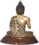 Rückansicht Messing-Buddha-Statue, sitzend, detaillierte Lockenkrone und gemusterter Umhang