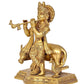 Brass Lord Krishna with Cow Idol Figurine Sculpture Playing Flute Statue Decorative Showpiece, (Height 9 Inch)