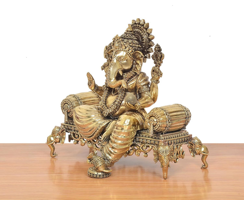 Bronze Ganesha with Singhasan Idol (Height: 8 inch)