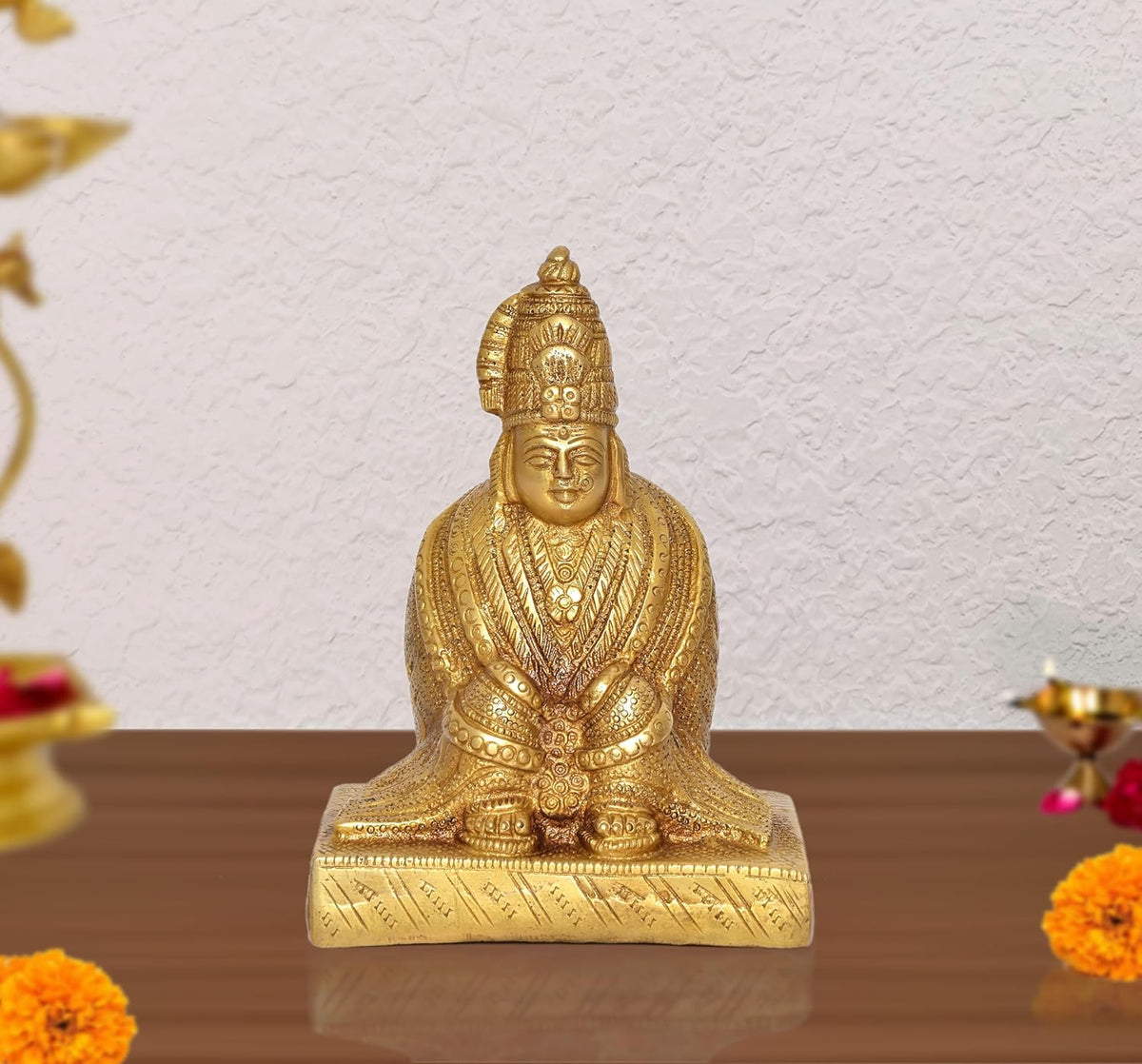 Golden brass Tulja Bhavani idol statue, seated pose for mandir or temple decor