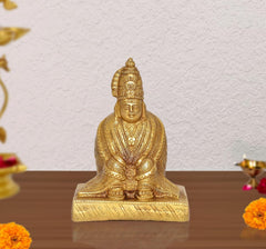 Golden brass Tulja Bhavani idol statue, seated pose for mandir or temple decor