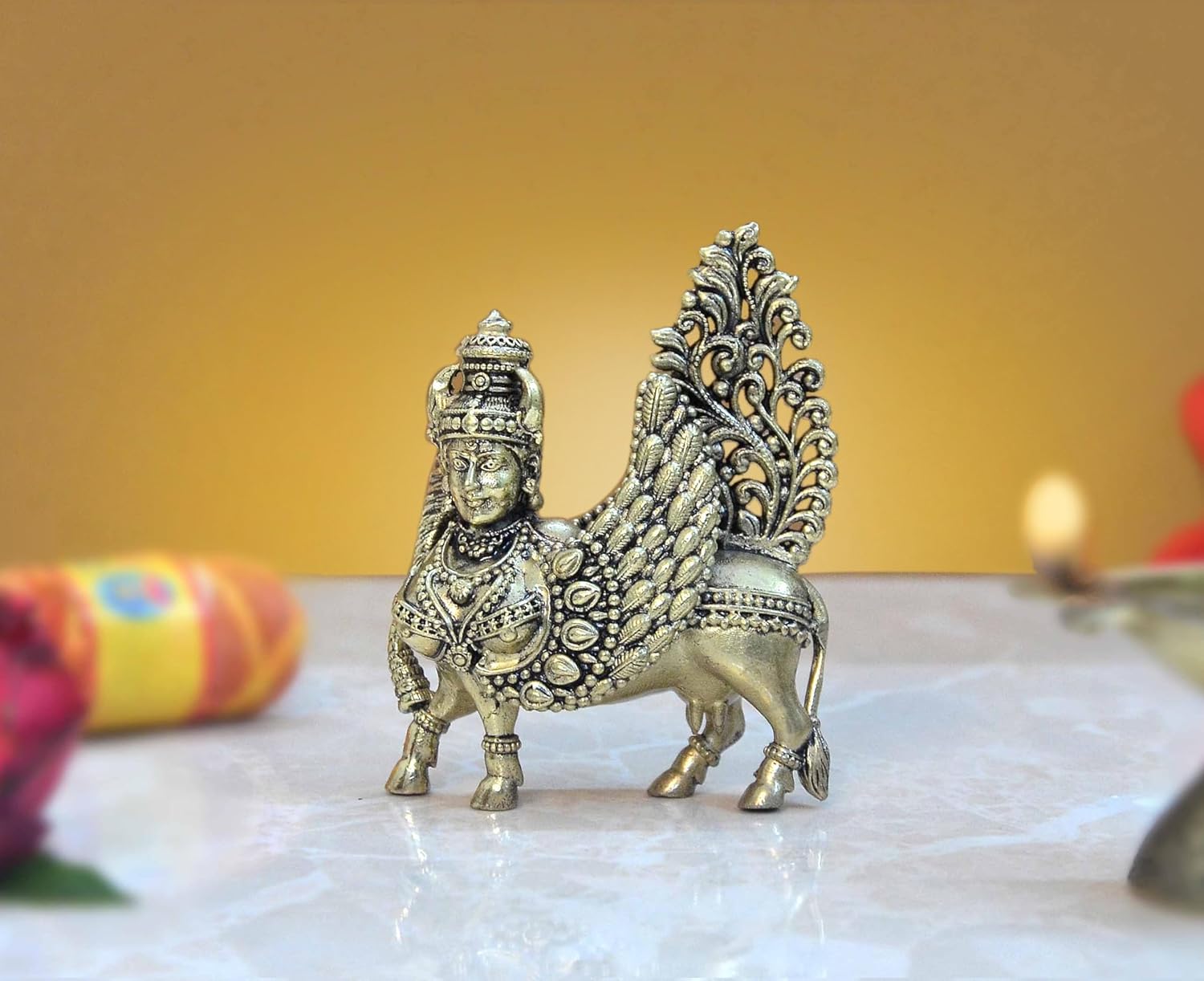 Bronze Kamadhenu Cow with Wings | Pooja Home Decor Mandir | (Height 3 Inch)