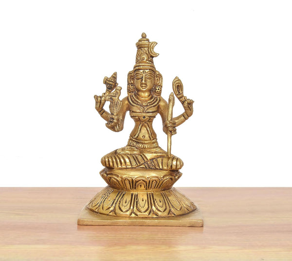 Brass Goddess Rajarajeshvari Idols Sitting on Lutos Tripura Sundari Murti (Height: 5.5 inch) Study Setting