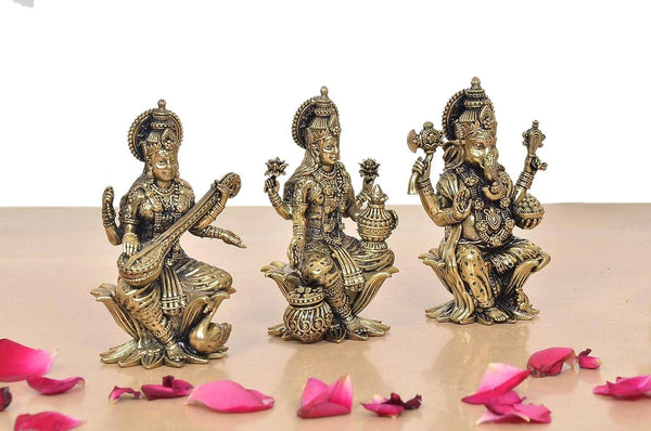 Superfine Brass Lakshmi Ganesha Saraswati Idol (Height 4 Inch) Study Setting
