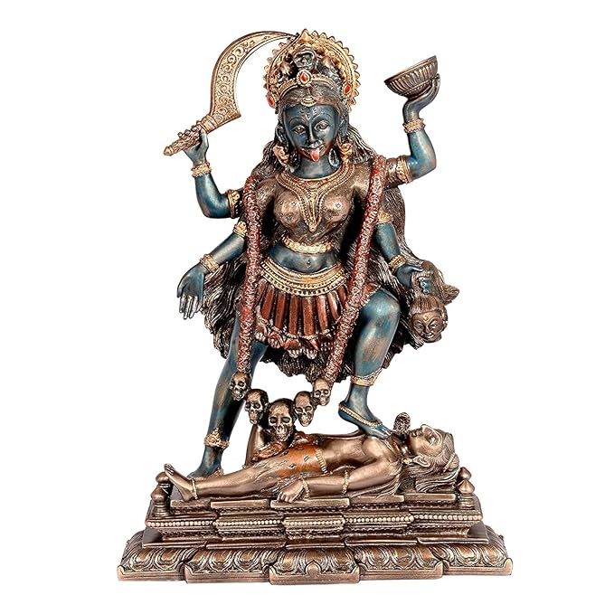 AONA Adi Shakti Kali resin idol, blue face, raised arms, jewelry, skull details