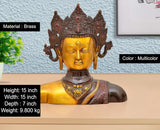 Messing-Buddha-Kopfstatue, goldenes Gesicht, mehrfarbige Ornamente, 15 Zoll hoch
