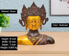 Messing-Buddha-Kopfstatue, goldenes Gesicht, mehrfarbige Ornamente, 15 Zoll hoch