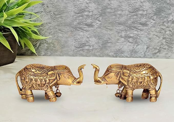 Brass Royal Elephant Idol Figurine Showpiece Golden Height 2.5 Inches (Set of 2)