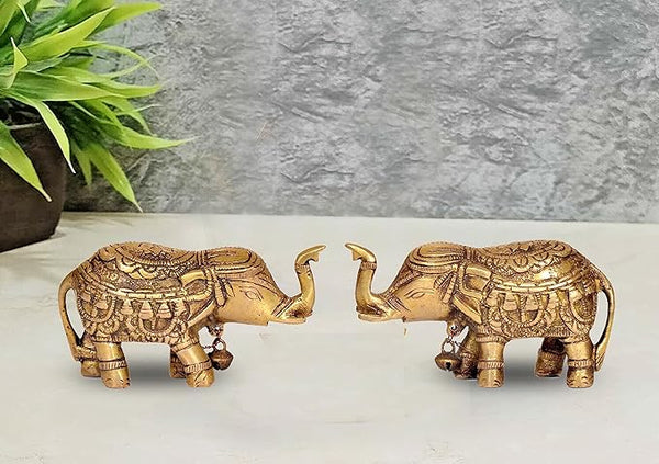 Dattatreya Brass Royal Elephant Idol Figurine Showpiece Golden Height 2.5 Inches (Set of 2)