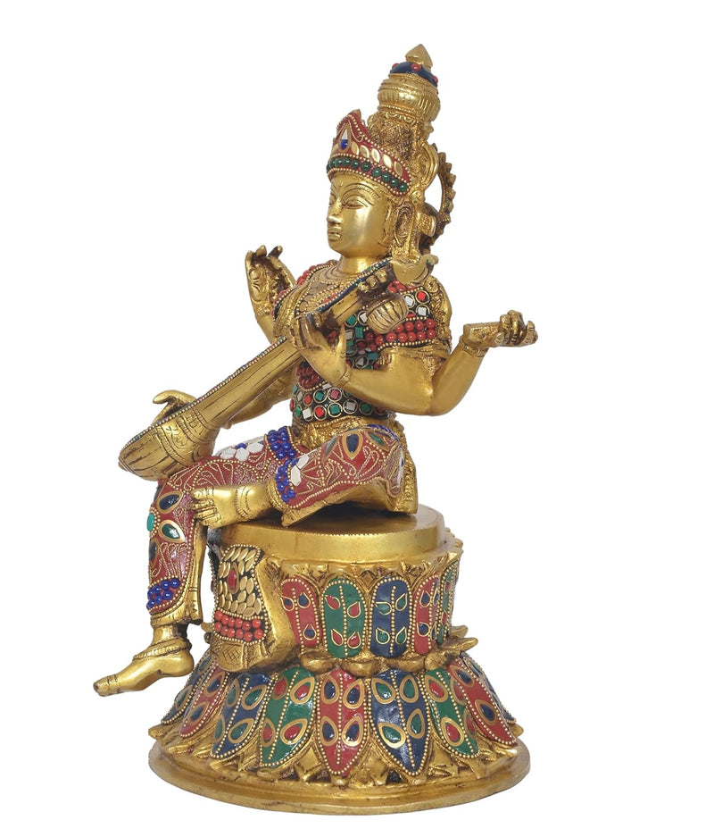 Brass Saraswati Seated on Lotus - Handcrafted Hindu Goddess Saraswati Idol for Home Decor and Pooja (Height 14 Inch)