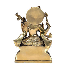 Brass Maa Saraswati statue back view, round head, ornate robes on lotus base