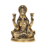 Brass Lakshmi Laxmi idol, seated with raised hands and crown, front view