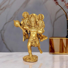 Brass Hanuman sculpture holding Ram ji and Lakshman, front view