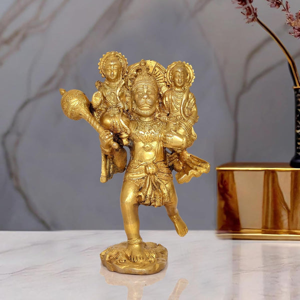 Brass Hanuman Carries Ram ji and Lakshman on His Shoulders Handcrafted Spiritual Decor for Home and Office Decor (Height 8 Inch) Mandir Setting