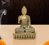 Bronze Buddha idol seated in Abhaya mudra, gold-toned, front view, 4 inch height