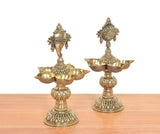 Brass five-diya shankh oil lamp stand with chakra medallion and five diya cups