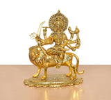 Durga Maa metal idol on lion, front view with ornate crown and detailed ornaments