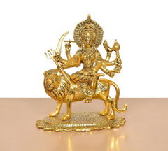 Durga Maa metal idol on lion, front view with ornate crown and detailed ornaments