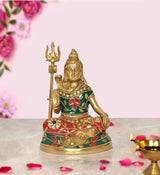 Brass Shiva Shiv Murti sculpture with teal and red painted ornaments, trident raised