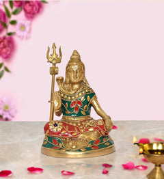 Brass Shiva Shiv Murti sculpture with teal and red painted ornaments, trident raised