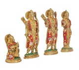 Ram Darbar brass statue set with three standing figures and a small ram, red beadwork
