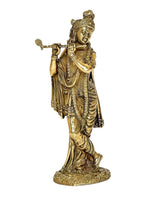 Lord Krishna brass figurine playing flute statue, standing with ornate crown