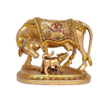 Gold resin cow statue with calf, ornate painted saddle, pooja mandir decor