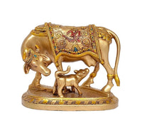 Gold resin cow statue with calf, ornate painted saddle, pooja mandir decor