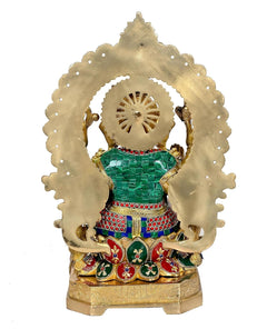 Back view of Brass Ganesha statue with Kirtimuka halo, seated on lotus base, green attire