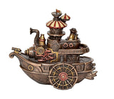 Steampunk-Gondola-Statue aus Harz, Seitenansicht mit rostbraunem Rumpf und rotem Schirm