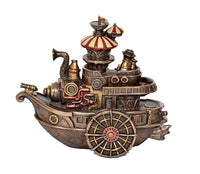 Steampunk-Gondola-Statue aus Harz, Seitenansicht mit rostbraunem Rumpf und rotem Schirm