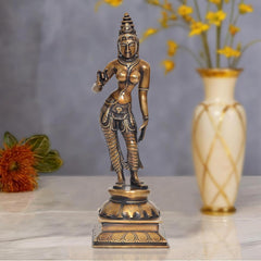 Brass Uma Parvati deity statue with raised hand and detailed jewelry, 12 inch