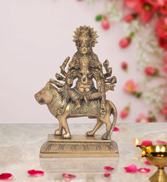 Brass Ganesha idol on ornate horse, detailed jewelry and crown, 9 in
