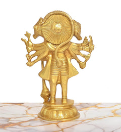 Brass Panchmukhi ten-armed Hanuman idol, back view with radiating fan halo