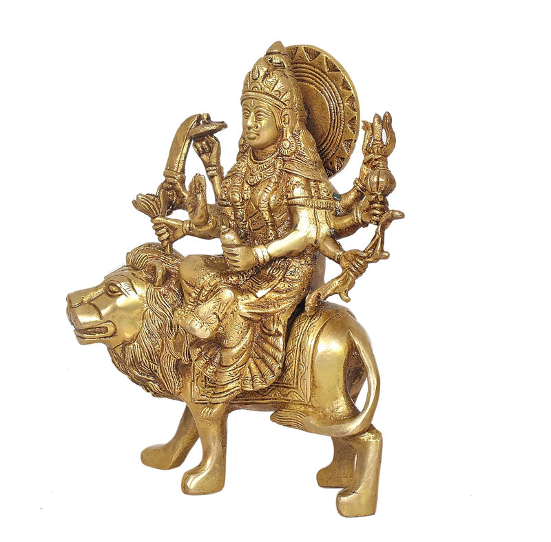 Brass Durga Maa with Lion Idol Hindu Goddess Sherawali MATA Murti MATA Rani Statue Figurine Home Temple (Height: 8 Inch)