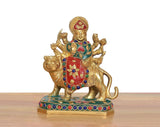 Durga Maa brass statue with lion mount, red and green garment with blue gem-trim accents