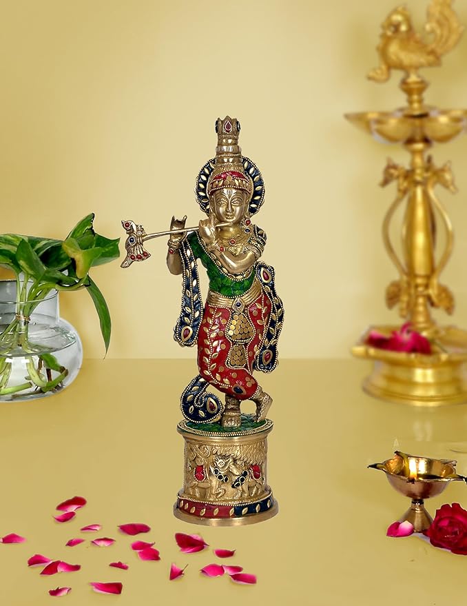 Home Decor Brass Krishna with Flute Idol Krishna (Multicolour, Height 15 Inch)