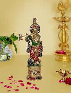 Krishna-Messingidolfigur mit Flöte, bunt bemalt, ca. 15 Zoll