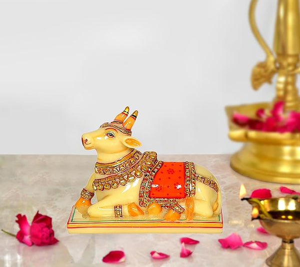 Resin Shiv Nandi Idol Statue Nandi Cow Idol for Shiv Temple Showpiece Multicolour Height 4 Inches