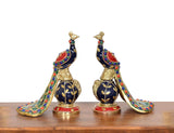 Brass peacock sculpture pair with red, green and blue beaded accents on tail