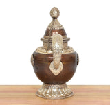 Himalayan brass teapot top with engraved crest on lid and finial knob, dark bronze body
