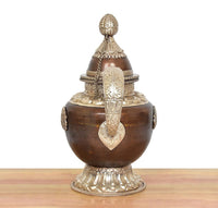 Himalayan brass teapot top with engraved crest on lid and finial knob, dark bronze body