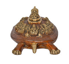 Brass Ashtalakshmi Shree Yantra on Tortoise (Kachua) Figurine | Traditional Vastu Home Decor Accent (Height: 7 Inches)