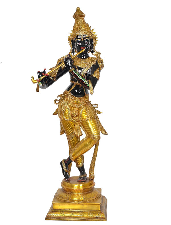 Brass Krishna Playing Flute with Mesmerizing Eyes Idol Statue Sculpture for Home Mandir Pooja Decor Temple Gift (Height 35 inch)