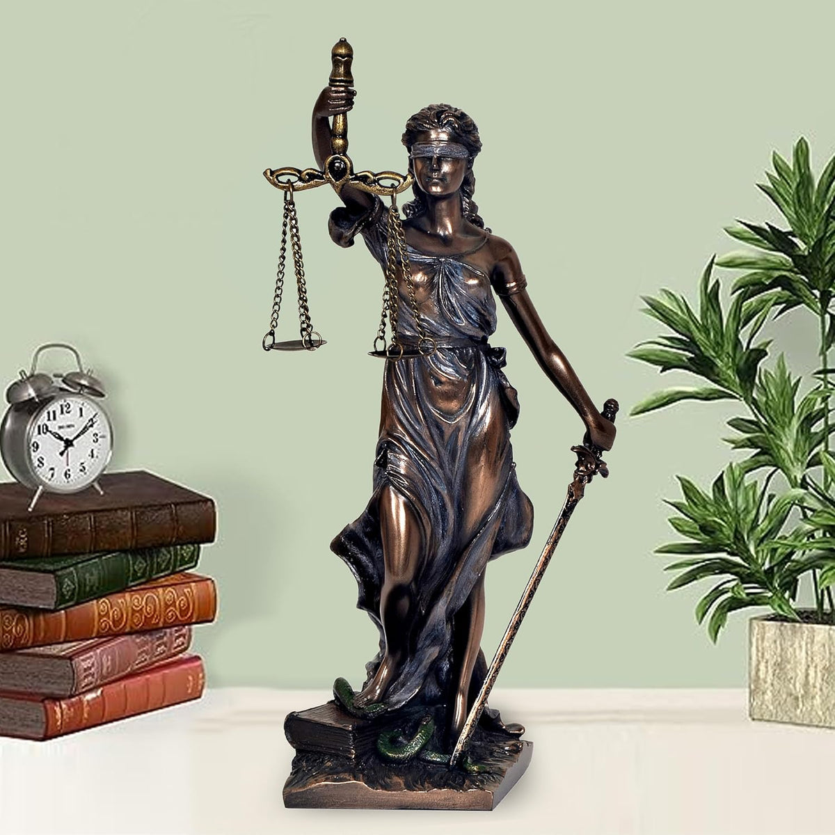 Lady Justice resin figurine holding sword and balance scale, standing on base