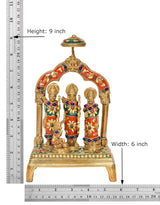 Brass Ram Darbar idol, height 9 inch; three seated figures under jeweled arch