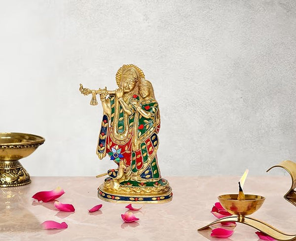 Brass Radha Krishna Murti Statue Idol Brass Statue for Home Decor Multicolor (Height .8.5 Inch)